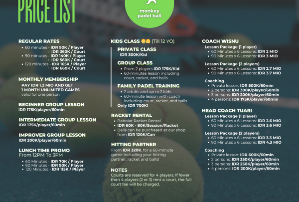 Best New Ubud Padel court rental price list Padel Ubud 2025